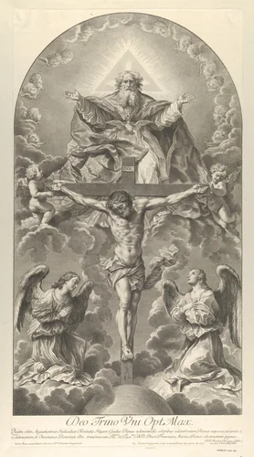 The Holy Trinity; Christ on the cross flanked by two angels, the Holy Spirit as a dove and God in heaven above the cross, a rectangular composition with half-circle at the top, after Reni by Nicolas Dorigny, print, 1702
