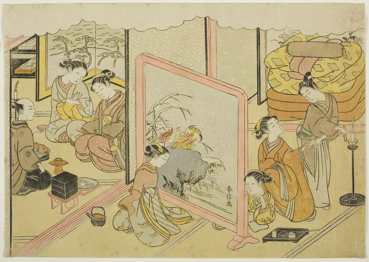 A Cup of Sake before Bed (Toko sakazuki), the sixth sheet of the series "Marriage in Brocade Prints, the Carriage of the Virtuous Woman (Konrei nishiki misao-guruma)" by Suzuki Harunobu (鈴木春信), print, 1764-1770