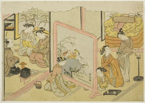 A Cup of Sake before Bed (Toko sakazuki), the sixth sheet of the series "Marriage in Brocade Prints, the Carriage of the Virtuous Woman (Konrei nishiki misao-guruma)" by Suzuki Harunobu (鈴木春信), print, 1764-1770
