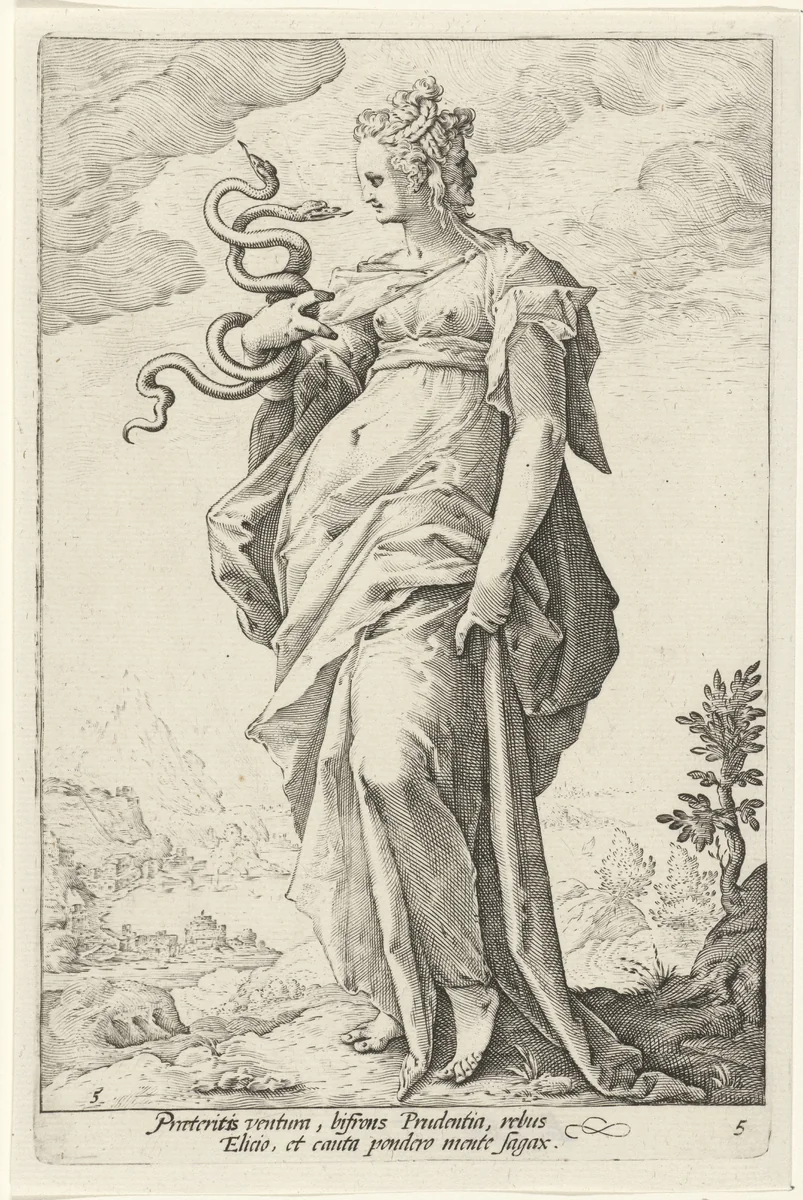 Voorzichtigheid (Prudentia) by Unknown, print, 1585-1589