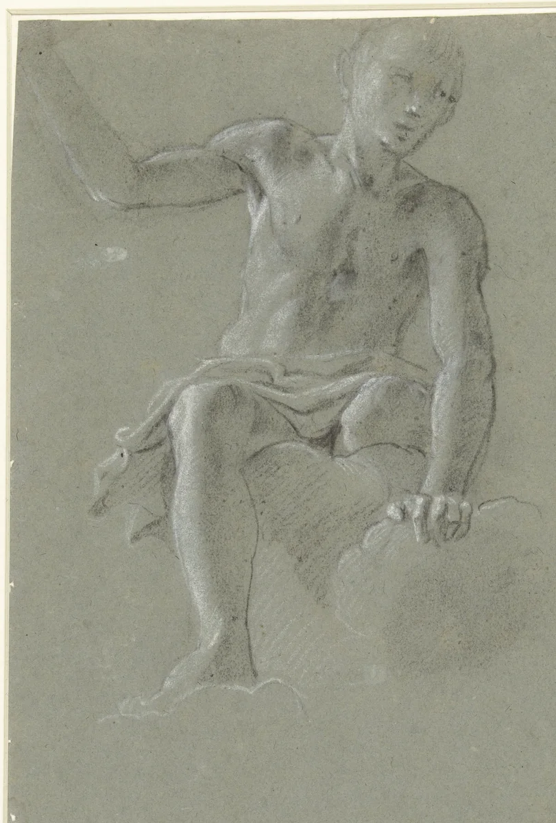 Figuur zittend in wolken by anonymous, drawing, 1610-1630