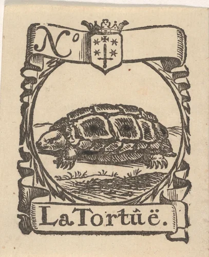 Handelsetiket met een schildpad en het wapen van de stad Haarlem by Isaac Vincentsz. van der Vinne, print, 1681-1740