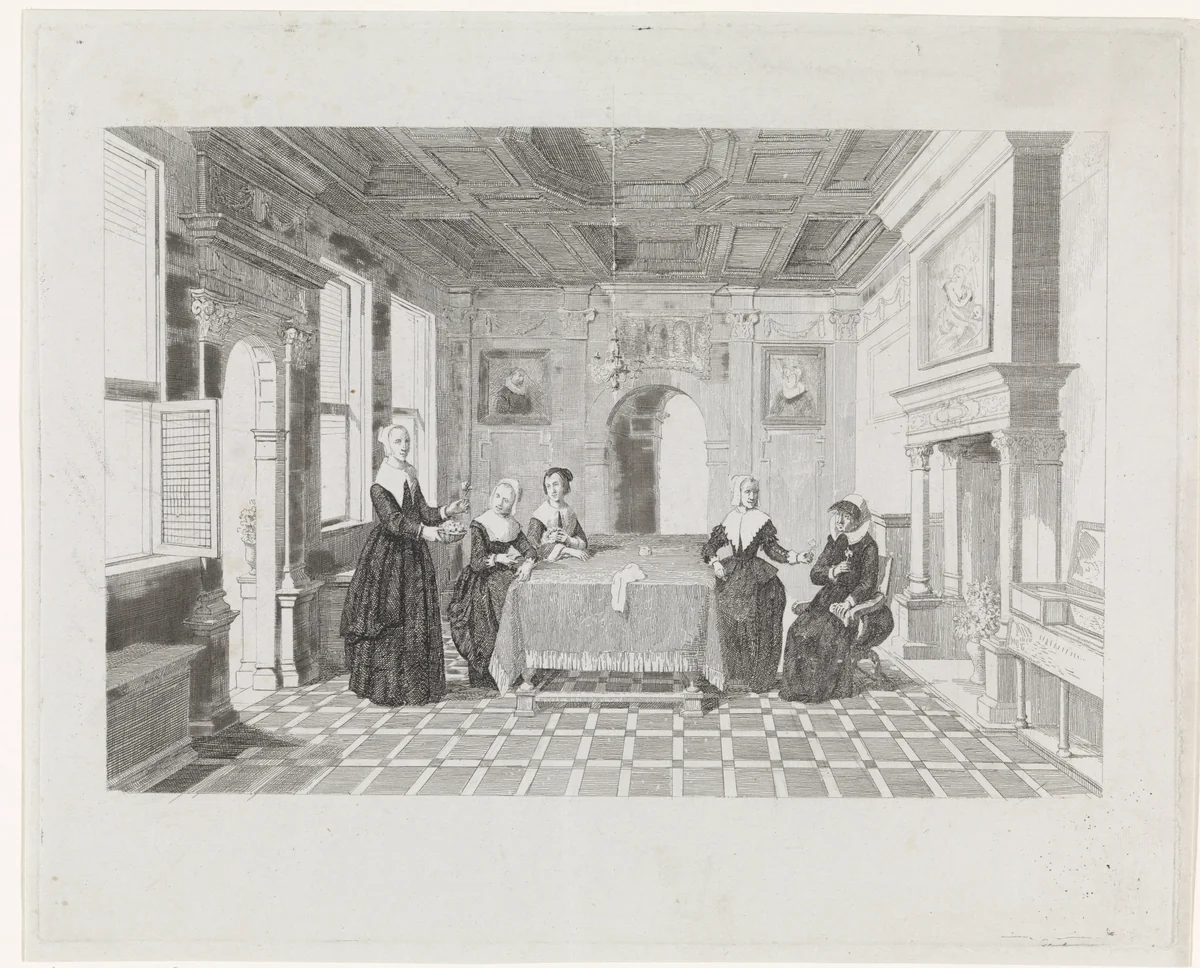 Vrouwen met bloemen in een vertrek by David van der Kellen, print, 1837-1883