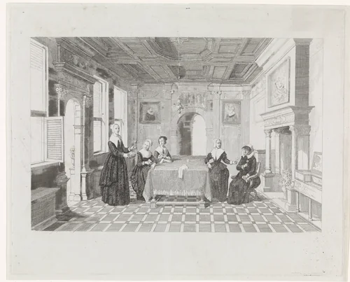 Vrouwen met bloemen in een vertrek by David van der Kellen, print, 1837-1883