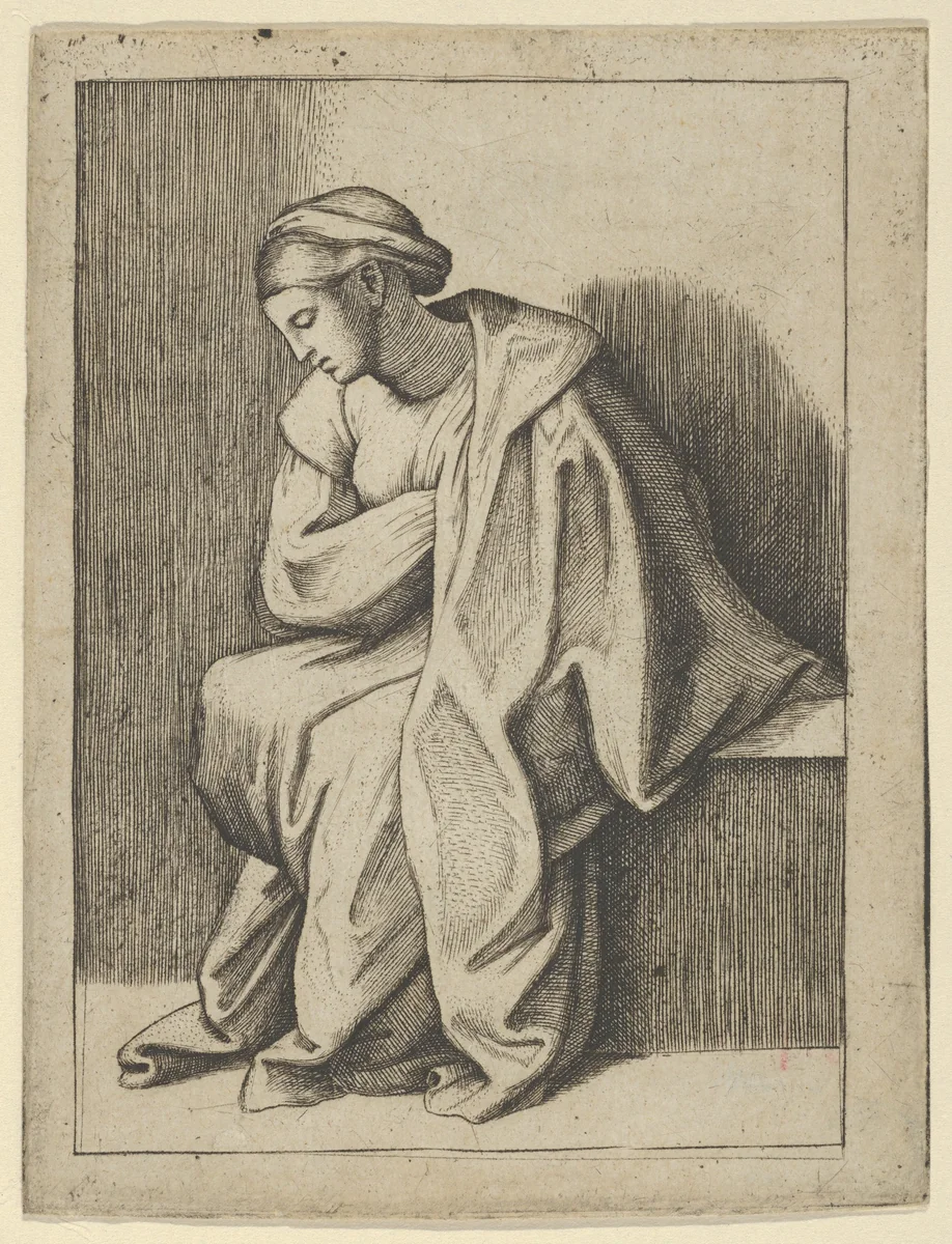 Woman sitting with her head turned downward to her right and eyes closed by anonymous, print, 1495-1505