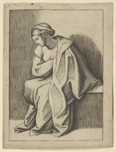 Woman sitting with her head turned downward to her right and eyes closed by anonymous, print, 1495-1505