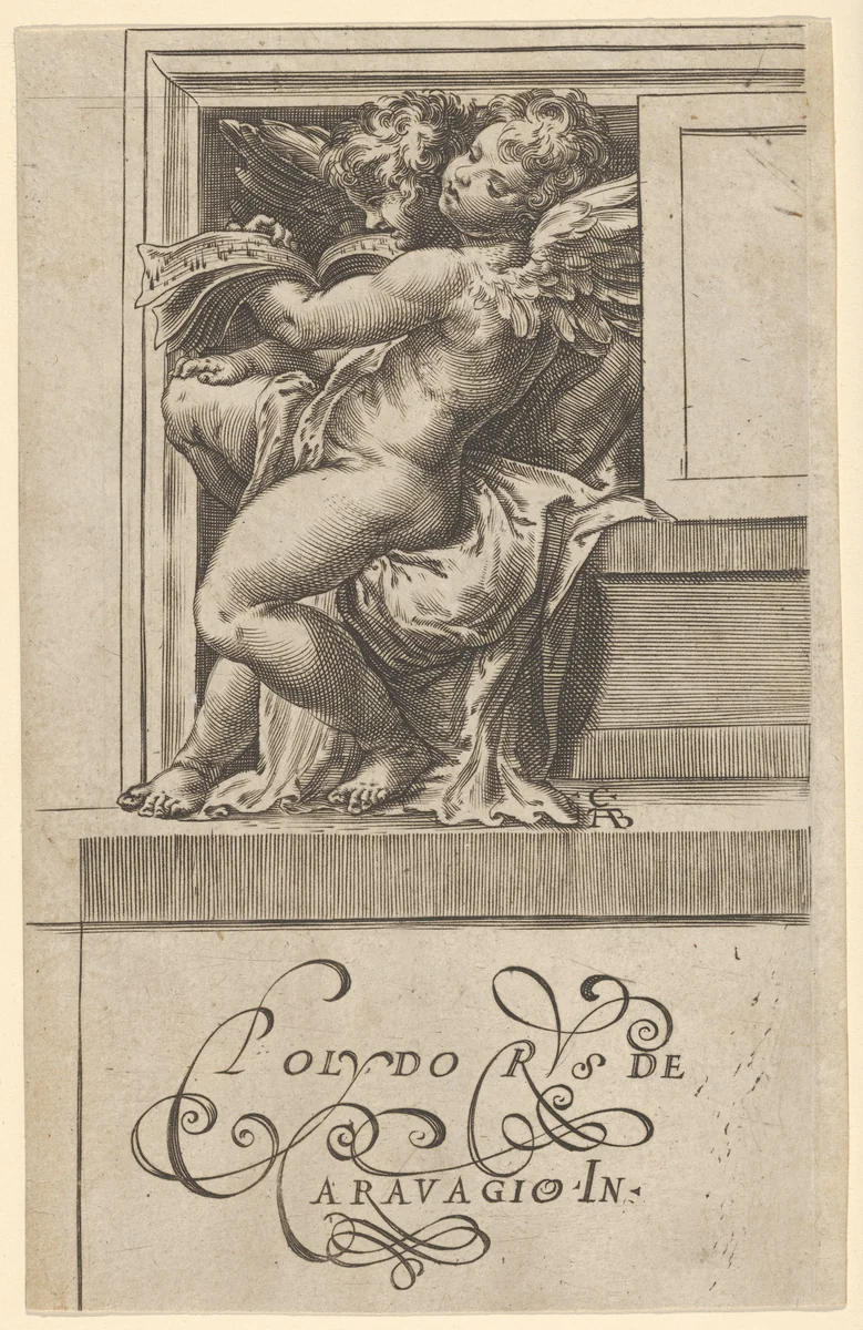 Two seated angels, facing left, reading from a song book, from The Angels' Concert by Cherubino Alberti, print, 1583