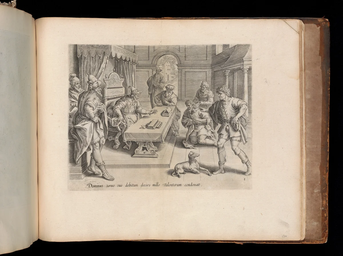 The King Cancelling his Servant's Debt, from the Parable of the Unmerciful Servant, bound in "Thesaurus Sacrarum historiarum Veteris et Novi Testamenti" by anonymous, book, 1585