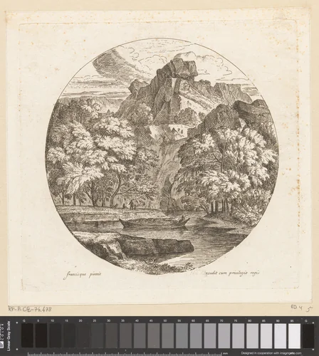 Arcadisch berglandschap met een boot op een rivier by Théodore, print, 1690-1730