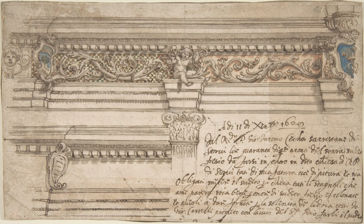 Design for Painted Corner and Frieze of the Choir in the Church of the Servi in Bologna by Giovanni Andrea Castelli, drawing, 1629
