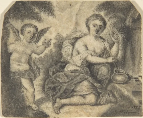 Venus Dipping an Arrow Into a Pot with Cupid to the Left by S. Watson, drawing, 1725
