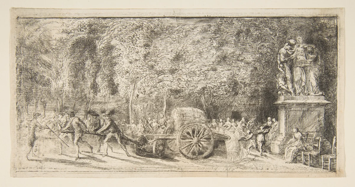 Scene in the Tuileries: The Watering Cart by Gabriel de Saint-Aubin, print, 1760