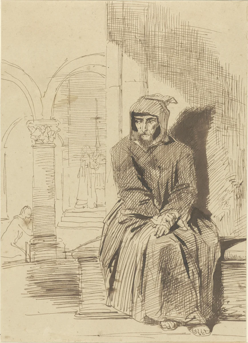 Zittende monnik, in overpeinzing, terwijl op de achtergrond de mis wordt gecelebreerd by Louis Boulanger, drawing, 1816-1867