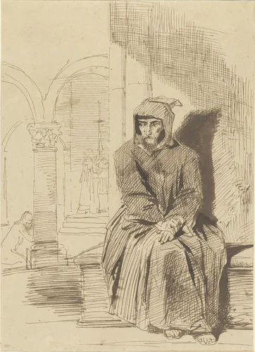 Zittende monnik, in overpeinzing, terwijl op de achtergrond de mis wordt gecelebreerd by Louis Boulanger, drawing, 1816-1867