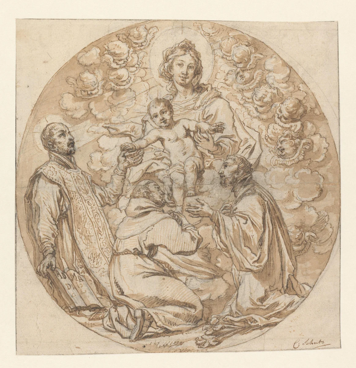 Maria met kind aanbeden door H. Ignatius van Loyola, H. Franciscus Xaverius en heilige monnik by Cornelis Schut, drawing, 1607-1655