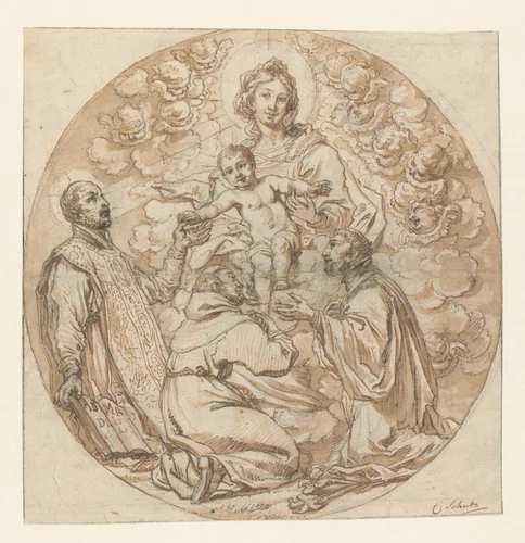 Maria met kind aanbeden door H. Ignatius van Loyola, H. Franciscus Xaverius en heilige monnik by Cornelis Schut, drawing, 1607-1655