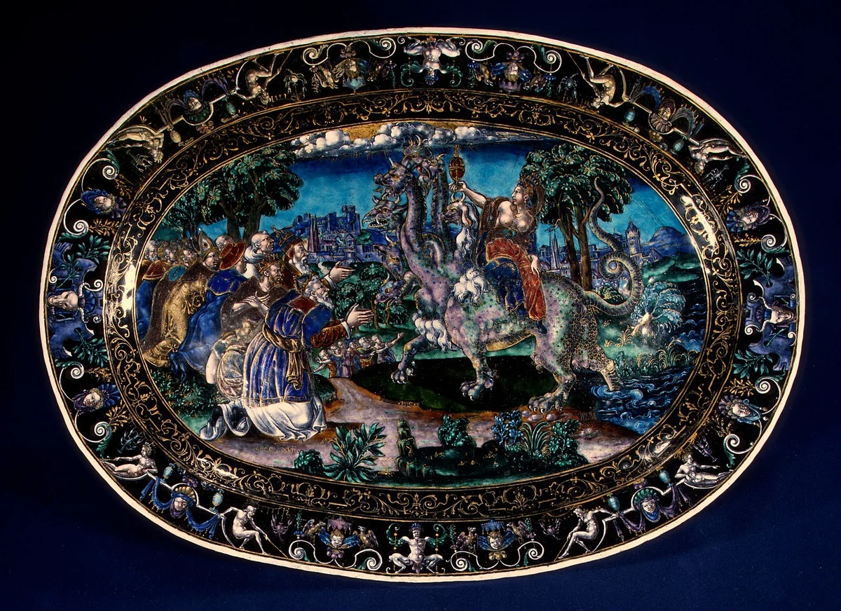 Oval Dish with the Whore of Babylon by Martial Courteys, decorative art, 1570