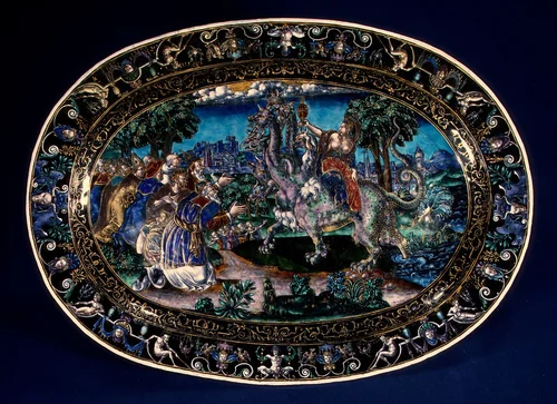 Oval Dish with the Whore of Babylon by Martial Courteys, decorative art, 1570