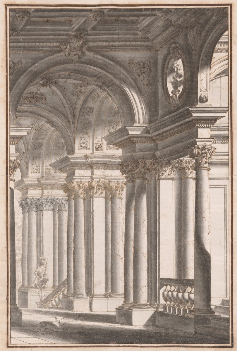 Architectural Capriccio with a Soldier and Dog by Vittorio Maria Bigari, drawing, 1730-1770