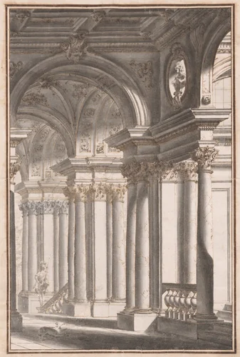 Architectural Capriccio with a Soldier and Dog by Vittorio Maria Bigari, drawing, 1730-1770