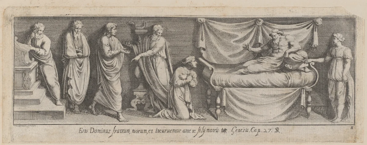 Plate 11: Bathsheba interceding with David for Solomon, from Genesis 27, after a lost fresco in the basamento of Bay 11 of the Vatican Loggia by Pietro Santi Bartoli, print, 1650-1677