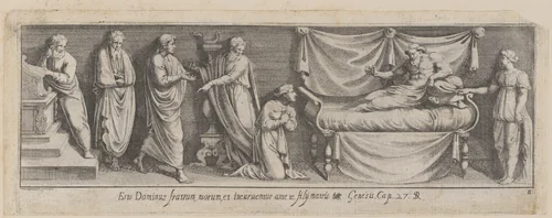 Plate 11: Bathsheba interceding with David for Solomon, from Genesis 27, after a lost fresco in the basamento of Bay 11 of the Vatican Loggia by Pietro Santi Bartoli, print, 1650-1677