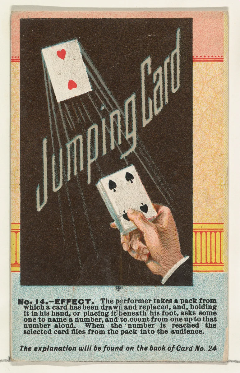 Number 14, Jumping Card, from the Tricks with Cards series (N138) issued by W. Duke, Sons & Co. to promote Honest Long Cut Tobacco by W. Duke, Sons & Co., print, 1887