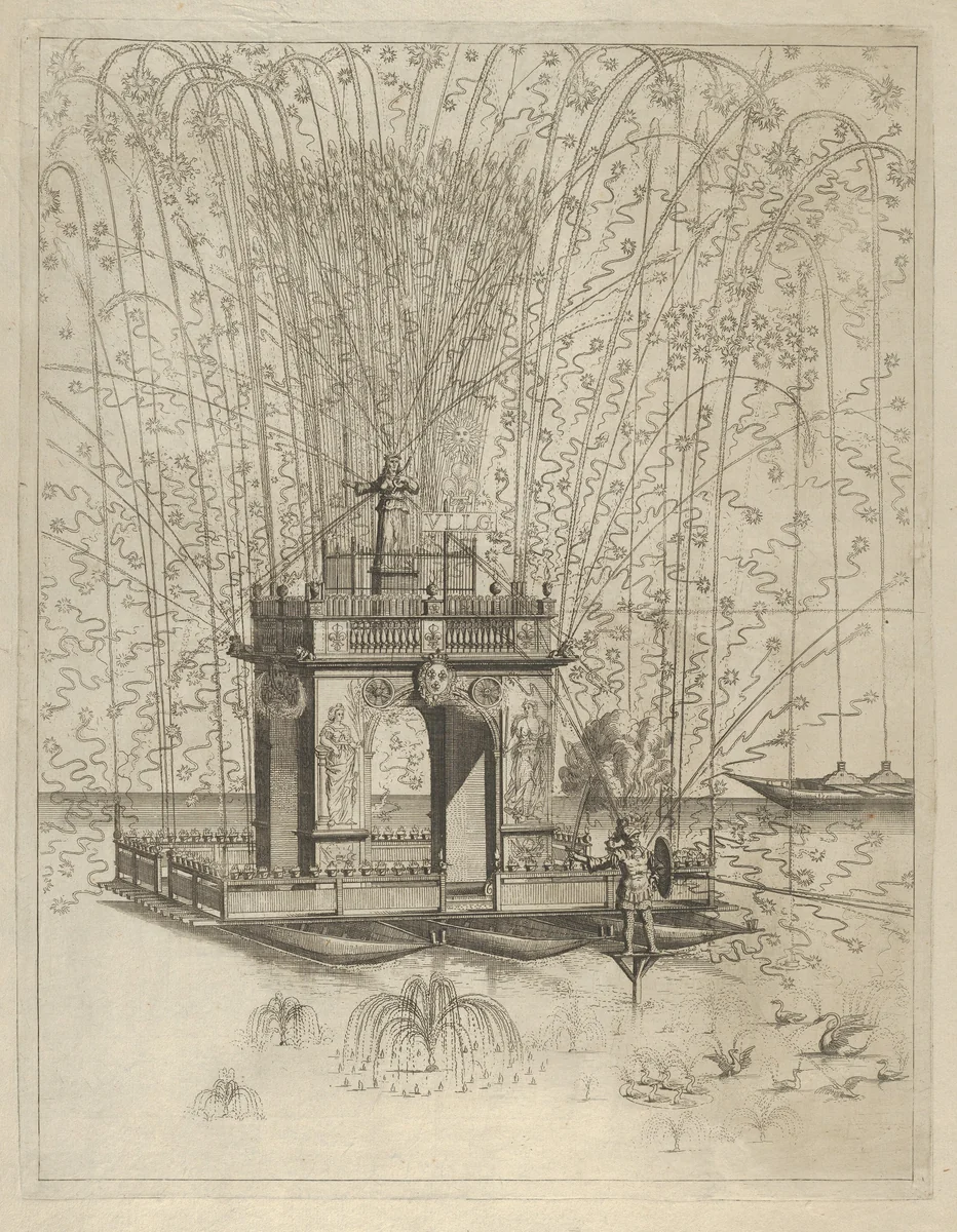 Fireworks display with triumphal arch supported by three pontoons on the water, decorated with symbols of Louis XIV by anonymous, print, 1600-1699