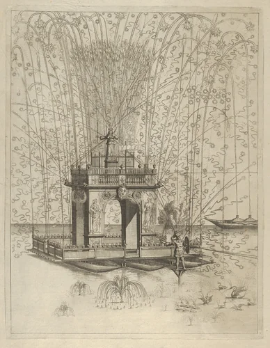 Fireworks display with triumphal arch supported by three pontoons on the water, decorated with symbols of Louis XIV by anonymous, print, 1600-1699