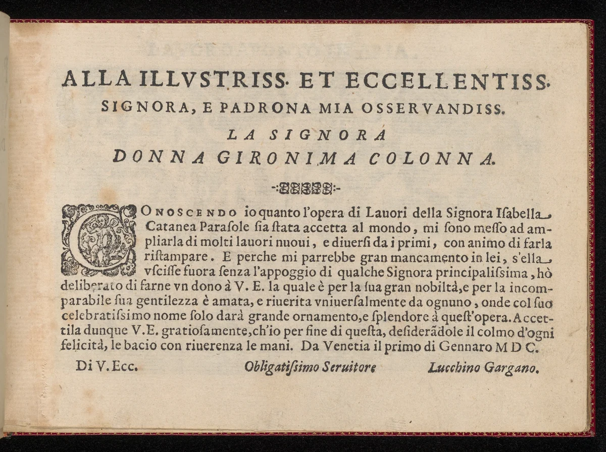 Pretiosa Gemma delle virtuose donne, page 2 (recto) by Isabella Catanea Parasole, book, 1600