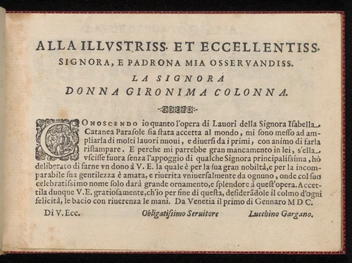 Pretiosa Gemma delle virtuose donne, page 2 (recto) by Isabella Catanea Parasole, book, 1600