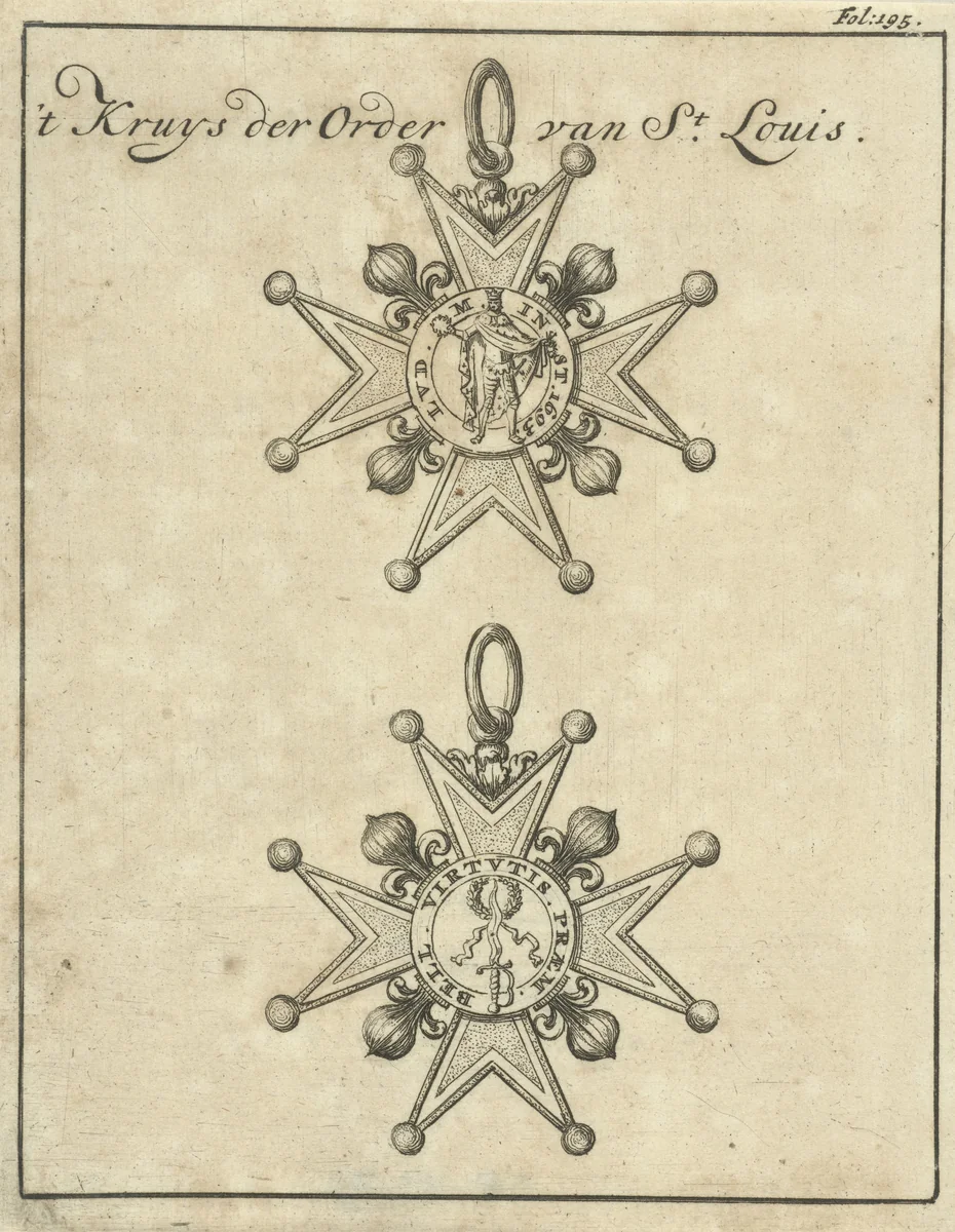 Ridderkruis van de orde van de Heilige Lodewijk, voor- en achterzijde by Jan Luyken, print, 1693