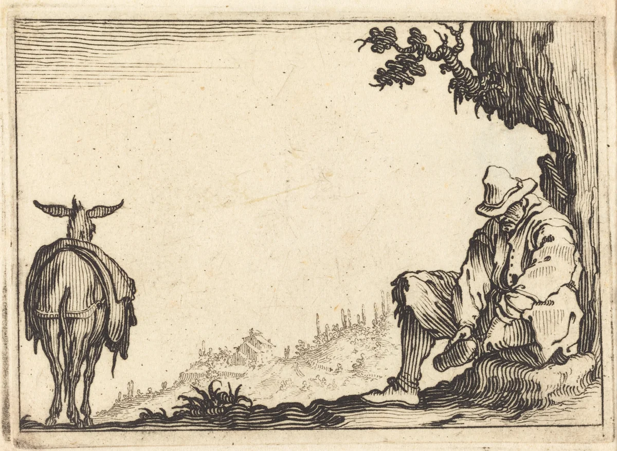 Peasant Removing His Shoe by Jacques Callot, print, 1617