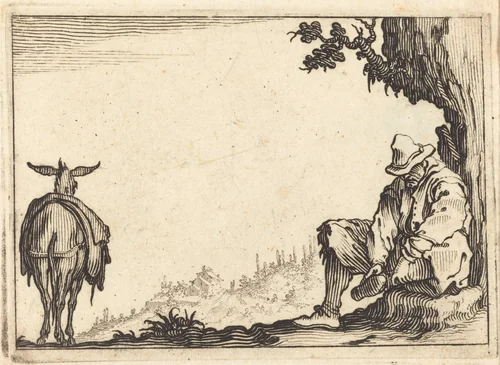 Peasant Removing His Shoe by Jacques Callot, print, 1617