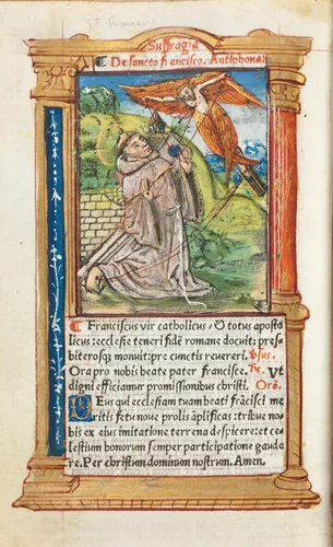 Printed Book of Hours (Use of Rome): fol. 106v, St. Francis of Assisi by Guillaume Le Rouge, book, 1510