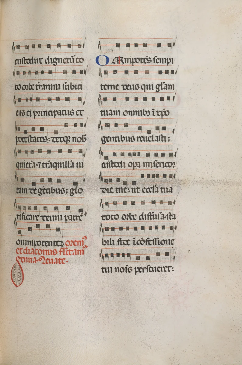 Missale: Fol. 146: Music for various prayers "Oremus dilectissimi..." and "Omnipotens sempiterne Deus" by Bartolommeo Caporali, book, 1469