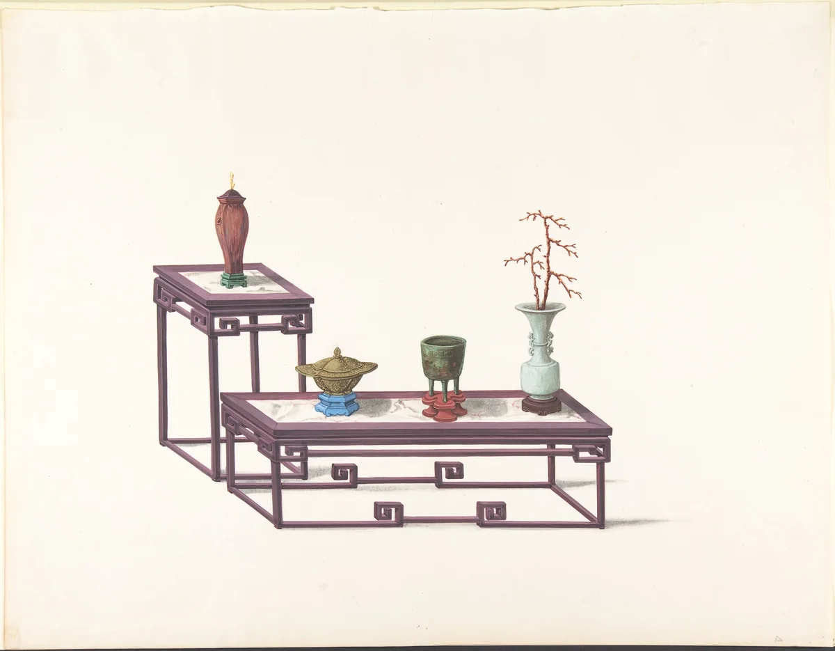 Two Tables with a Purple Finish, One with a Red Vase, the Other with Three Vases by anonymous, drawing, 1800-1900