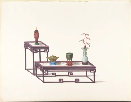Two Tables with a Purple Finish, One with a Red Vase, the Other with Three Vases by anonymous, drawing, 1800-1900