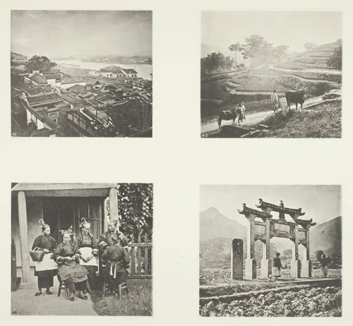 Part of Foochow Foreign Settlement; Terracing Hills; Foochow Field Women; A Memorial Arch by John Thomson, photograph, 1863-1873