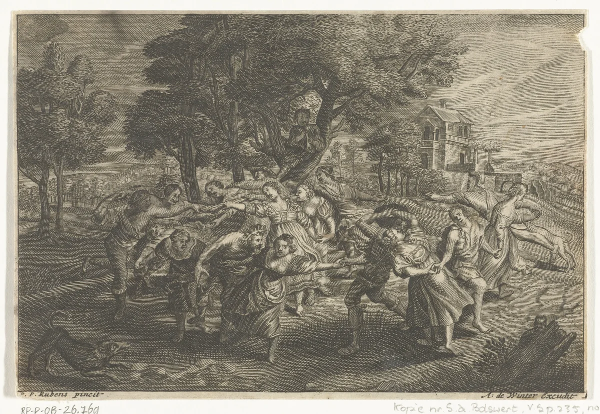 Landschap met mannen en vrouwen die dansen by anonymous, print, 1596-1709