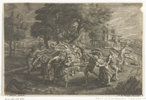 Landschap met mannen en vrouwen die dansen by anonymous, print, 1596-1709