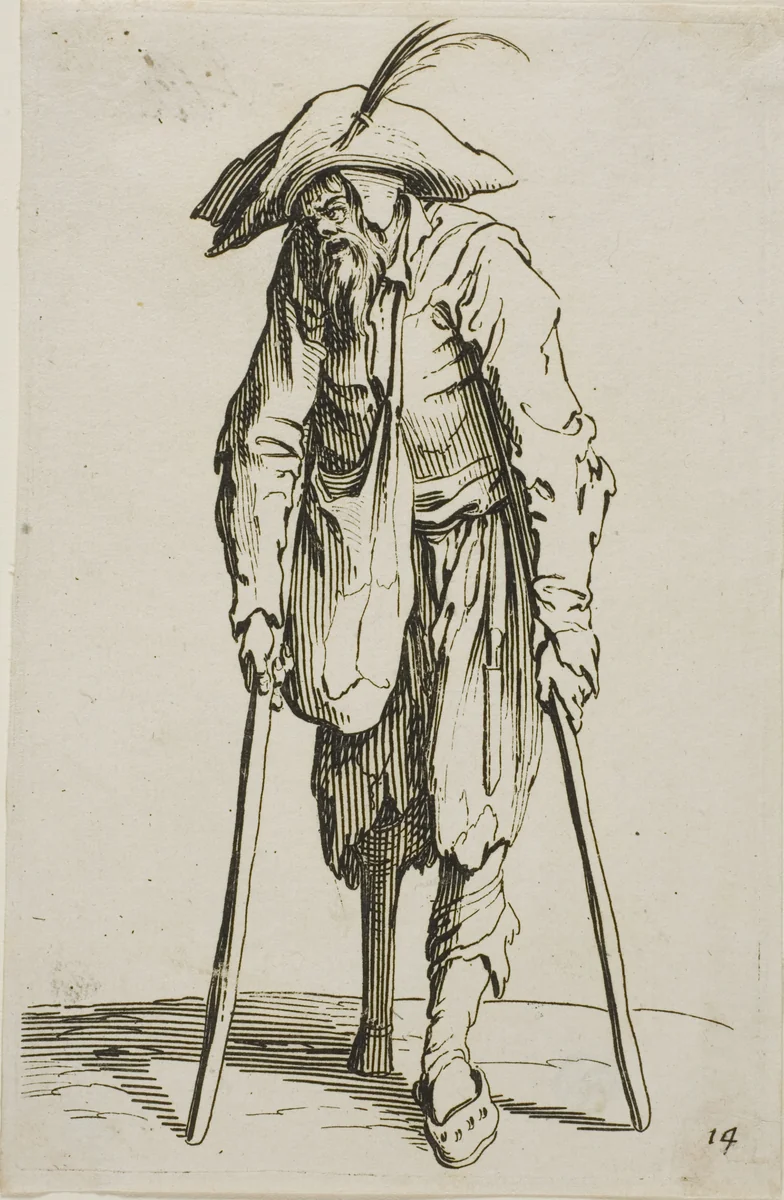 The Beggar with the Wooden Leg, plate fourteen from The Beggars by Jacques Callot, print, 1617-1627