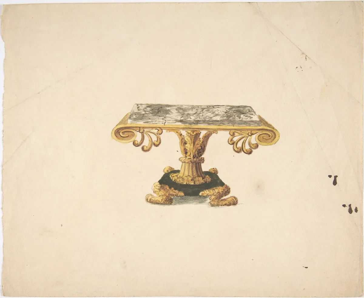 Design for a Marble Topped Table with Gilded Pedestal and Lion's Feet by anonymous, drawing, 1800-1850