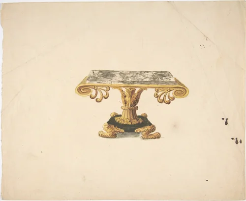 Design for a Marble Topped Table with Gilded Pedestal and Lion's Feet by anonymous, drawing, 1800-1850