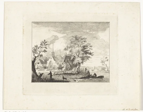 Gezicht op een dorpsplein by Henricus van der Winden, print, 1745-1765