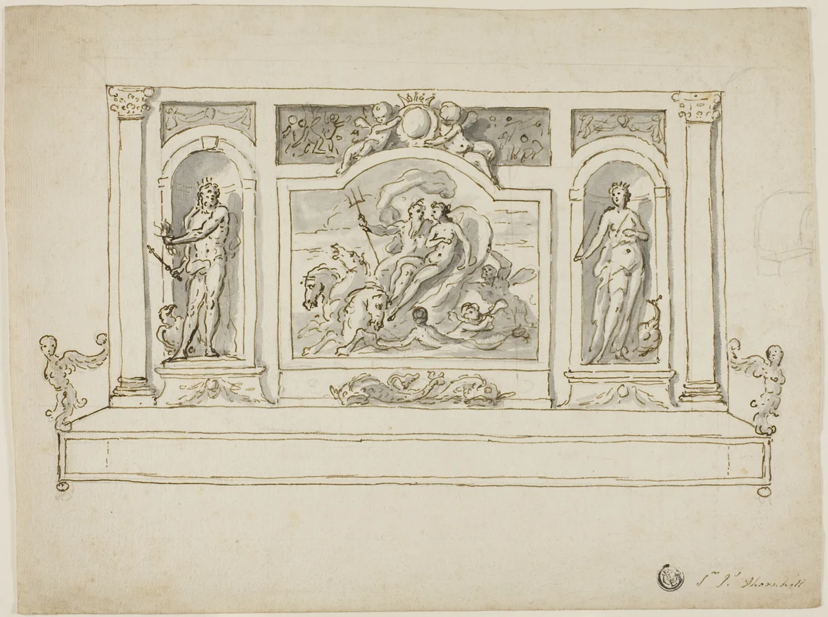 Neptune and Amphitrite Flanked by Jupiter and Juno: Design for Painted Hall or Garden Bench by James Thornhill, drawing, 1695-1734