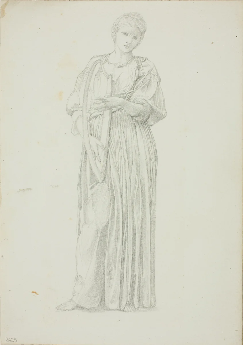 Draped Figure of Woman Playing on a Harp by Edward Burne-Jones, drawing, 1868-1883