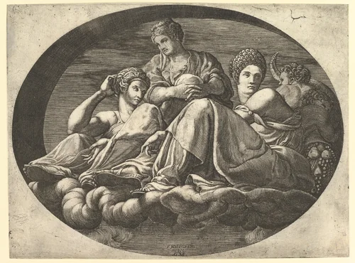 Ceres Seated on Clouds with Two Goddesses and Two Putti, from a series of eight compositions after Francesco Primaticcio's designs for the ceiling of the Ulysses Gallery (destroyed 1738-39) at Fontainebleau by Giorgio Ghisi, print, 1560-1569