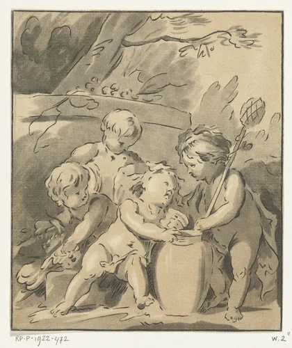 Vier putti met vaas by Leendert Brasser, print, 1727-1793