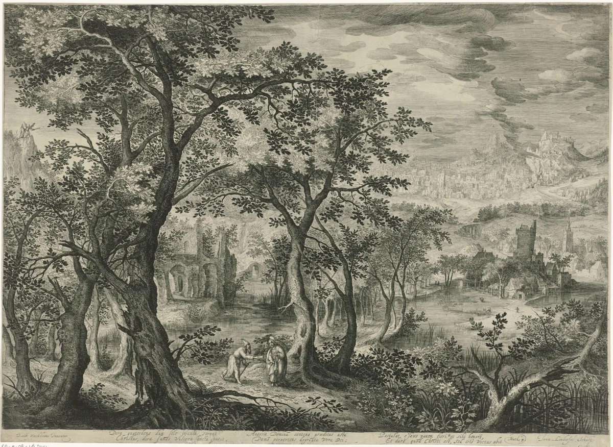 Berglandschap met de verzoeking van Christus by Unknown, print, 1580-1625